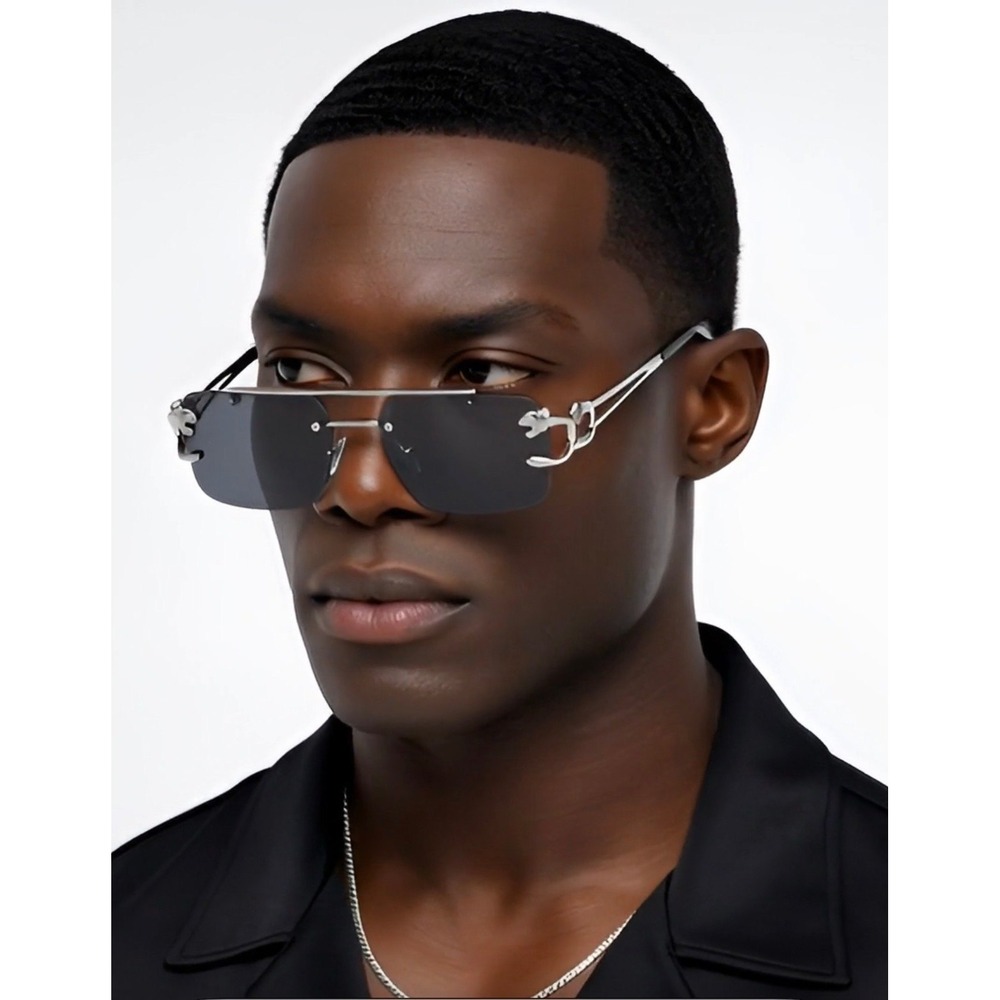 Rimless Rectangle Sunglasses Silver Frame Fashion Tinted Men Dark Black Lens New